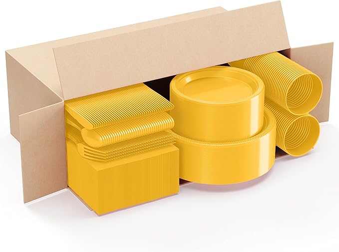 350 Pcs Yellow Plastic Plates For Party, Yellow Disposable Plates Set, 50 Of Each 9" Dinner Plate Set, 7" Dessert Plate, Cups, Napkins & Cutlery Plastic Dinnerware Set Exquisite