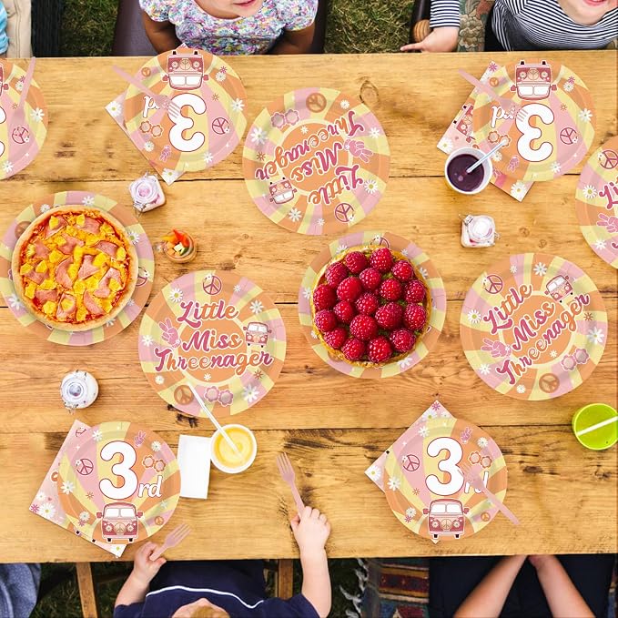 96Pcs Groovy 3rd Birthday Party Decorations Hippie Boho Plates and Napkins Disposable Little Miss Threenager Tableware Sets for Girls 3 Year Old Birthday Hippie Boho Party Supplies, Serve 24