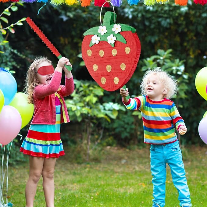 Wernnsai Red Strawberry Piñata For Kids - Strawberry Baby Shower Piñata Strawberry Birthday Party Decorations Summer Fruit Themed Party Game Supplies With Bat Blindfold 16.5" × 11.6" ×3"