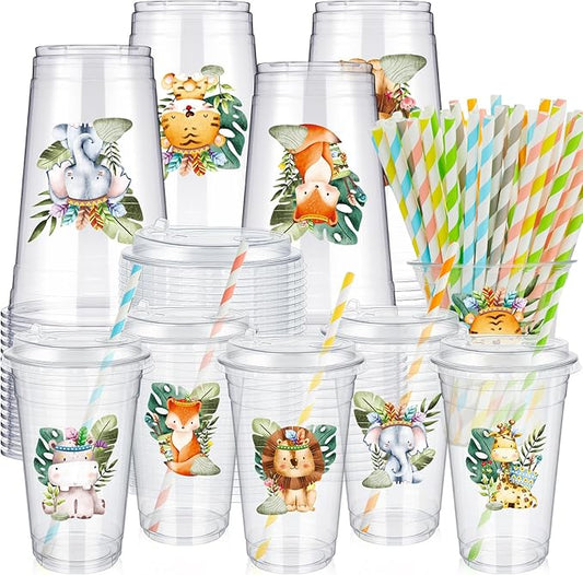 FoldTier 60 Set Jungle Safari 20 oz Plastic Cups Bulk Disposable Clear Cups with Lids and Paper Straws for Jungle Safari Baby Shower Birthday Supplies Wild Party Favors Decorations