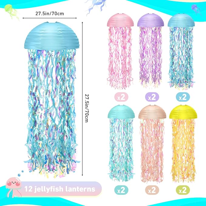 Baquler Set of 12 Jellyfish Paper Lanterns 10 Inch Mermaid Semicircle Lanterns Hanging Decoration for Classroom Baby Shower Under the Sea Ocean Theme Birthday Party Decorations (Macaron Colors)