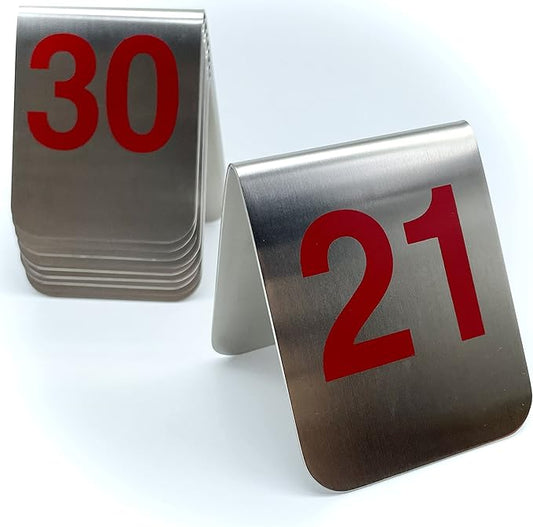 10 Pcs Metal Place Cards Stackable Tent Style Table Numbers，Place Card Holders for Celebration Wedding Party Restaurants Cafes Bars Gatherings meeting Room Board Game Serial (Medium 21-30, Red)