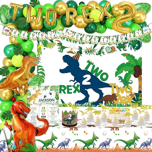 126 PCs Two Rex Birthday Decorations Boy, Hombae Dinosaur 2nd Birthday Party Decorations Boys Backdrop Balloon Garland Arch Artificial Leaves Banner Cake Cupcake Topper Crown Poster Gold Green
