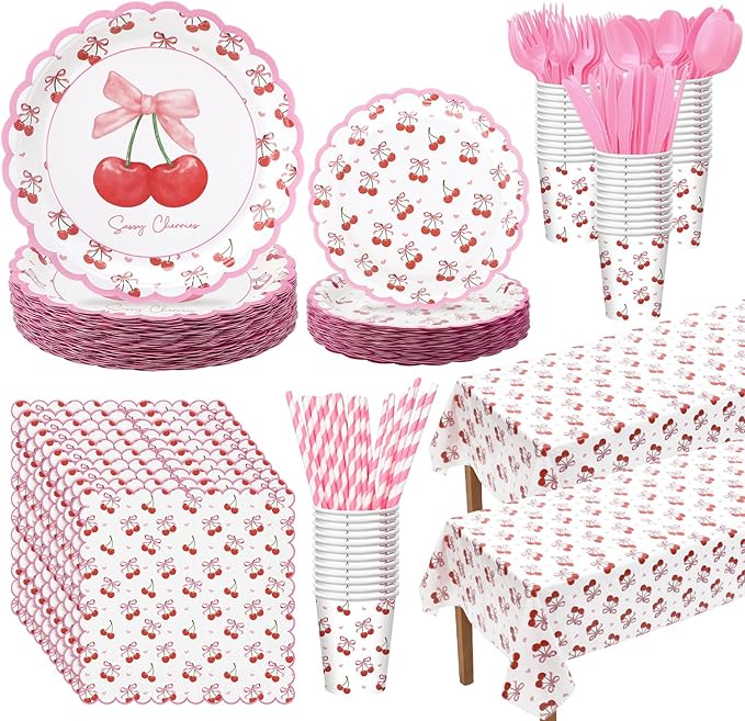 Vesici 452 Pcs Cherry Birthday Party Supplies Pink Cherry Bow Disposable Tableware Set Includes Plates Cups Napkins Tablecloth and Cutlery for Girls Baby Shower Bridal Shower Wedding, Serve 50 Guests