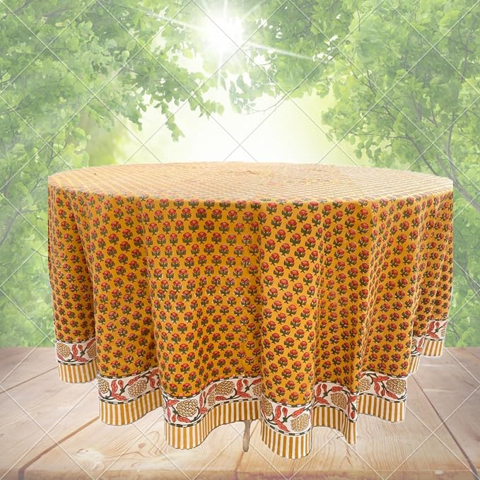Ridhi Round Tablecloth Hand Block Print 100% Cotton Reusable Mustard Yellow 120 Inch Table Cover Decorative Everyday Use for Dining, Home, Party, Wedding, Farmhouse Gift for Spring, Mother's Day