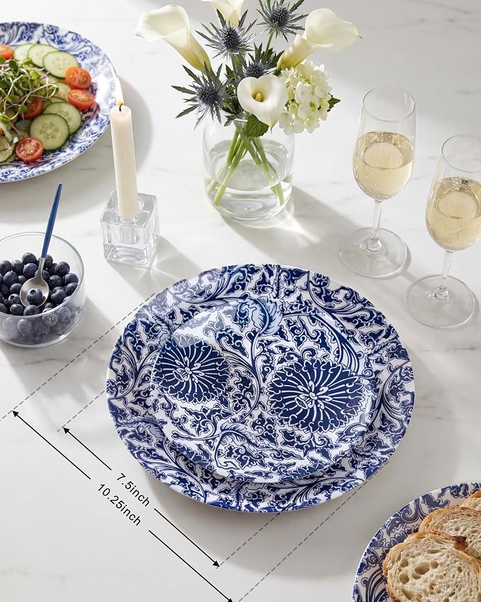 Hioasis 60pcs Plastic Disposable Plates Set - Blue Dandelion & Blue Leaf Pattern, 10.25 Dinner & 7.5 Dessert Plates for Wedding,Anniversary,Party and Holiday