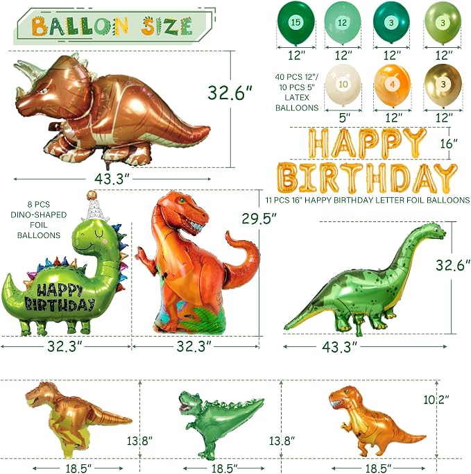 258 pcs Dinosaur Birthday Party Decorations For Boy,20 Tableware Sets,Fringe Curtains,20 Paper Plates, Paper Cups, Green Dinosaur Balloon Arch Kit
