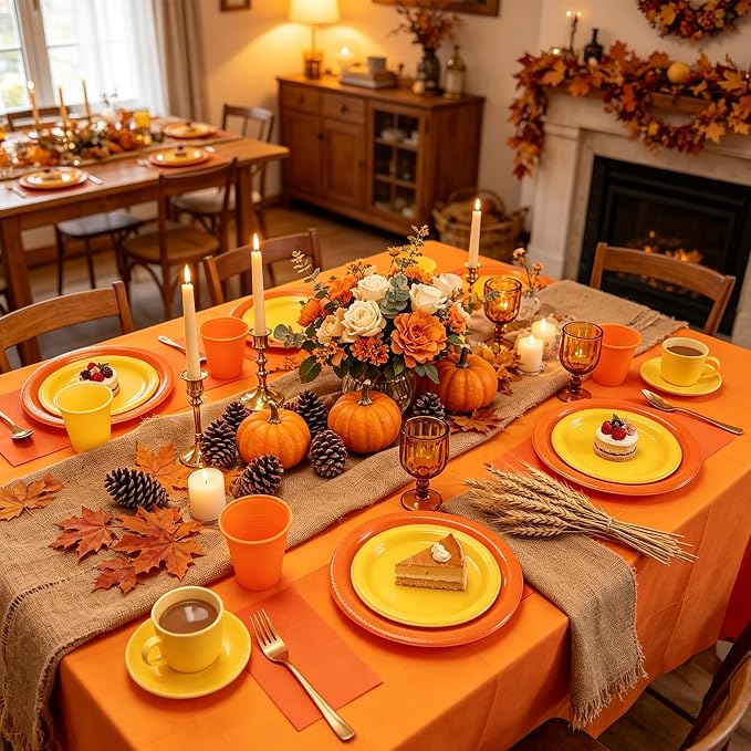 Fall Plastic Plates for Party,Disposable Orange and Yellow Party Supplies,50 of Each 9" Dinner,7" Dessert Plate,Napkins,Cups,Forks and 2 Tablecloth Dinnerware for Birthday & Fall Thanksgiving