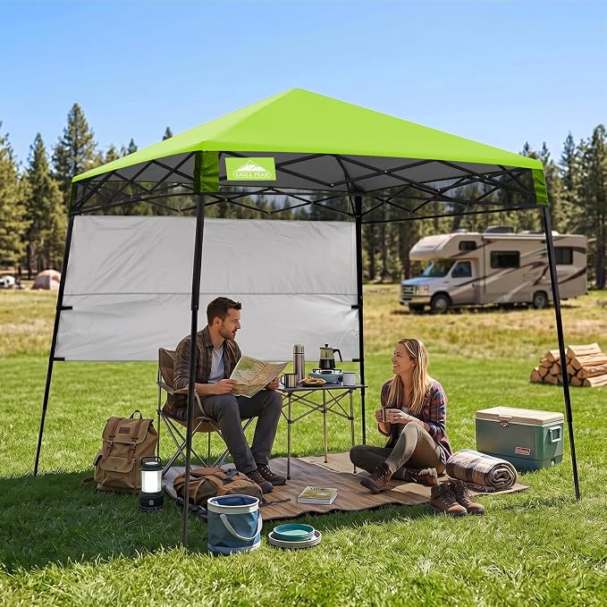 EAGLE PEAK 8x8 Pop Up Canopy Tent with Sidewall, Compact, Portable Slant Leg Instant Sun Shelter for Beach, Sports, & Camping, 8x8 Base 6x6 Top, Green