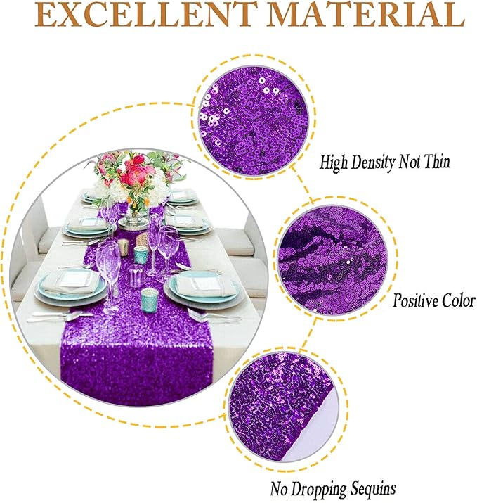 ShinyBeauty 2-Pack Royal Purple Table Runners 12x108 Inch - Premium Sequins Wedding, Fall & Holiday Decor | Long Runner for Banquet, Round Tables, Christmas, Thanksgiving, Easter Events