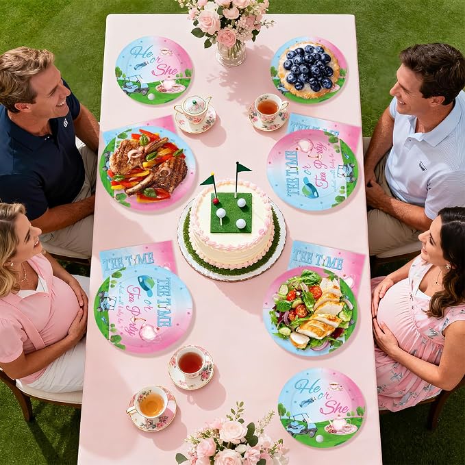 96 Pcs Golf Gender Reveal Decorations Blue Or Pink Golf Gender Reveal Plates and Napkins Tee Time He Or She Tableware Set for Boys Girls Baby Shower Birthday Party Supplies Serves 24