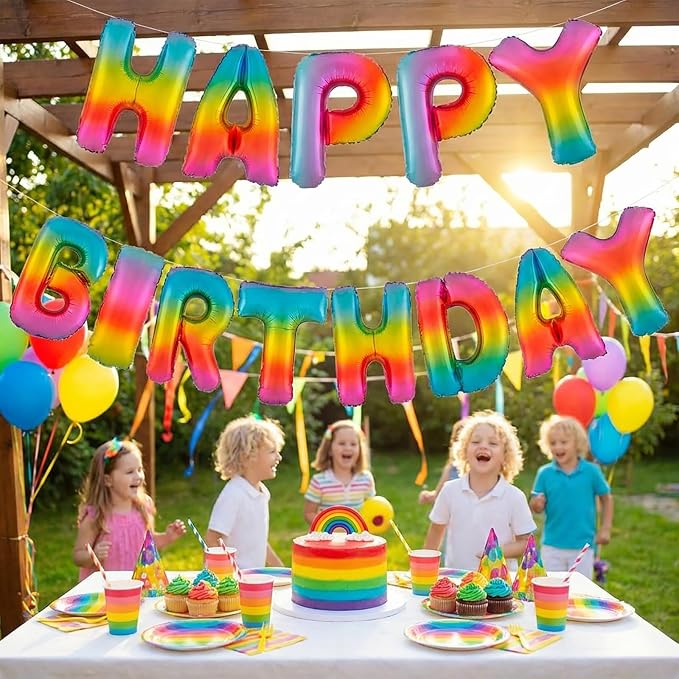 Rainbow Happy Birthday Banner Foil Letter Balloon, 14 Inch 3D Colorful Patterned Reusable Mylar Foil Letters, Birthday Decorations (Birthday Banner 4)