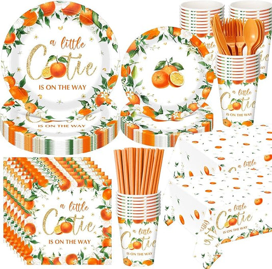 Funnymoom 452 Pcs Little Cutie Baby Shower Party Decorations a Little Cutie Is on the Way Paper Plates Napkins Cups Tablecloth Cutlery Straws for Orange Citrus Tangerine Fruit Birthday Party