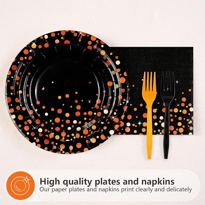 96Pcs Orange and Black Graduation Party Decorations Congrats Grad Orange Black Plates and Napkins for Boys Girls Graduations School Birthday Baby Shower Party Supplies Serves 24