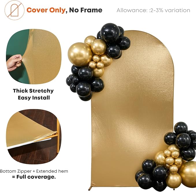 Gold Shimmer Arch Backdrop Cover Set of 3 (6 6.6 7.2FT) with Zipper,Thick Soft Stretchy Sequin Glitter Spandex Fitted Chiara Cover for Wedding Birthday Baby Shower Graduation Party Photo Backdrop