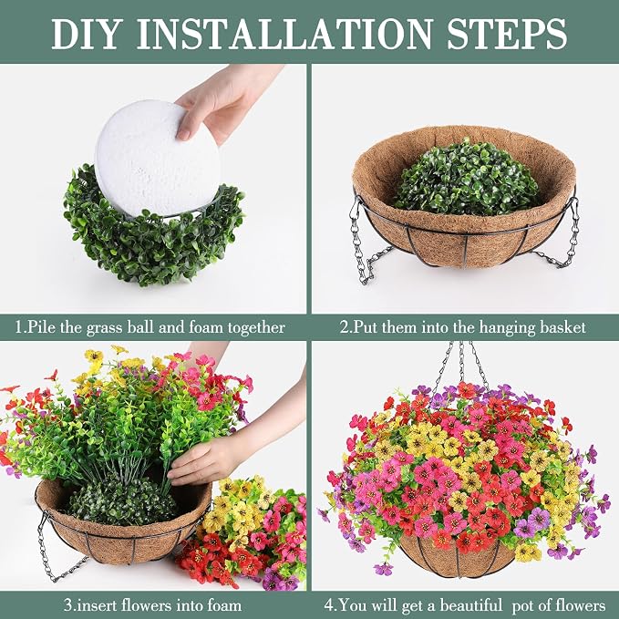 Artificial Flowers Hanging Plants in Basket,Artificial Hanging Flowers for Outdoor Indoor Decor,UV Resistant hanging Baskets with Fake Flowers for Spring Summer Patio Garden Porch Deck Home Decor