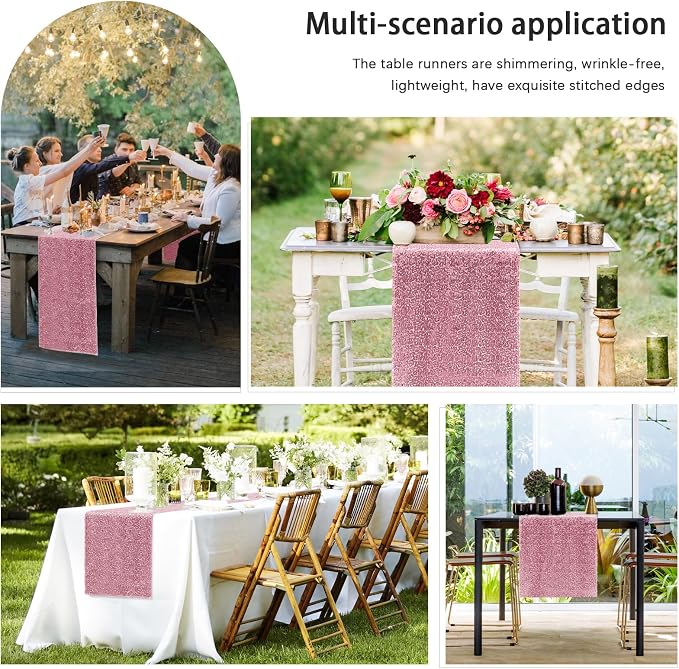 2 Packs 12 x 72 inches Sequin Table Runner, Rose Pink Glitter Table Runner for Birthday Party Supplies Wedding Engagement Baby Shower Holiday Celebration Event Decorations