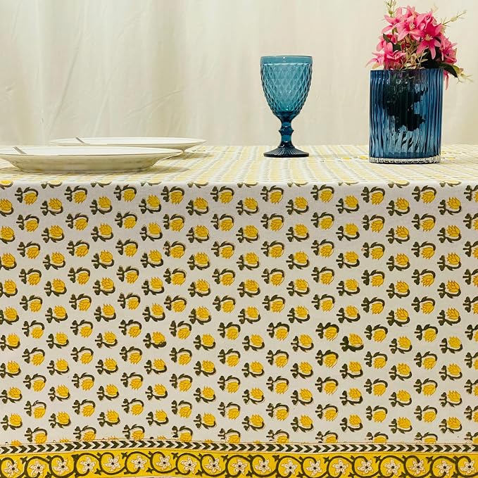 Ridhi Hand Block Print Vintage Yellow Rectangle Cotton Tablecloth 102" x 48" Reusable Table Cover Decorative Everyday Use for Dining, Farmhouse, Home Gift for Spring, Easter, Valentine