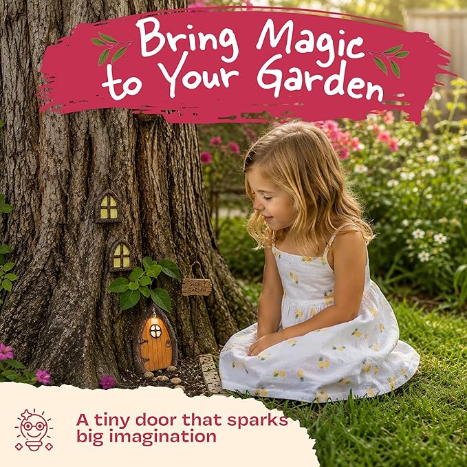 Fairy Door and Windows for Trees – Glow in The Dark Yard Art Sculpture Decoration for Kids Room, Wall and Trees Outdoor | Miniature Fairy Garden Outdoor Decor Accessories with Secret Garden Sign