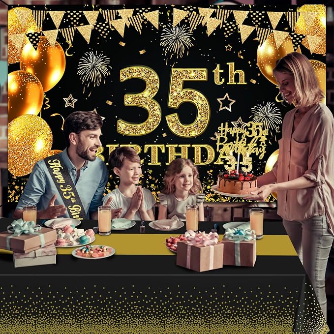 35th Birthday Decorations for Men Women with 35th Birthday Banner, Black and Gold Table Cloth, Number Balloons, Large Sash, Cake Topper and Candles