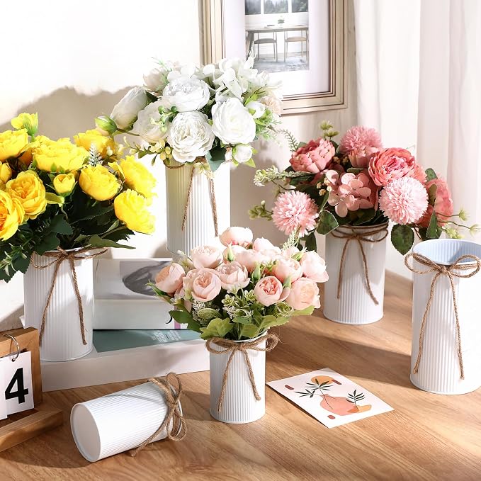Zonon 9 Pcs Farmhouse Vase Decor with Twine Bow 4.33" Galvanized Flower Bucket 5.91" Metal Pots 7.09" Rustic Decorated Vases for Artificial Flowers Home Table Weddings Decor (White)