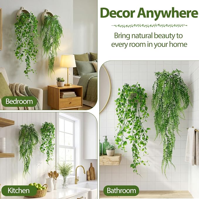 Daifunli 12 Pcs Artificial Hanging Plants Fake Hanging Ferns Plastic Fake Plant for Wall Room Garden Garland Indoor Outdoor Decor No Basket (Ivy,Boston Ferns)