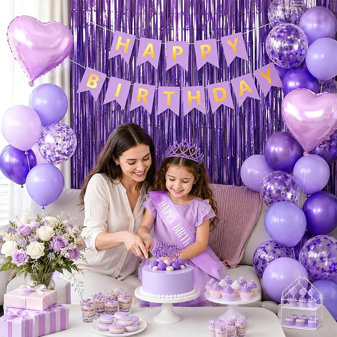 Purple Birthday Decorations for Women Girls,Purple Latex Balloons with Happy Birthday Banner,Fringe Curtain,Cake Topper,Sash and Crown for Birthday Party Supplies