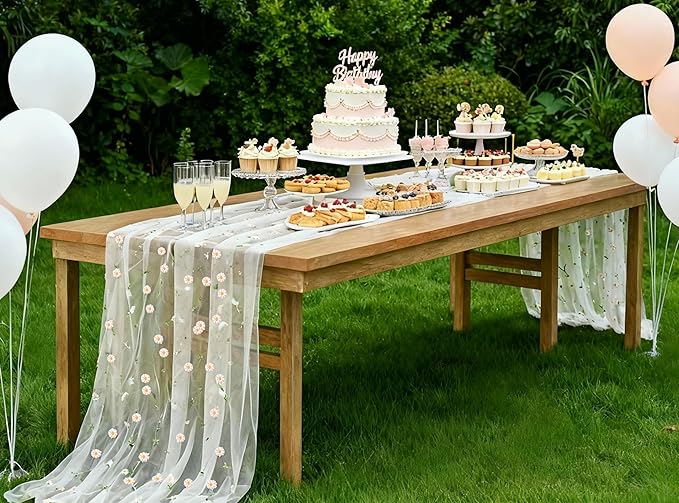 FEXIA Spring Table Runner 10FT Elegant Garden Tea Party Decor Pastel Embroidered Sheer Mesh Floral Gauze Summer Wedding & Easter Party Bridal Shower Living Room Styling Valentine Home Decor