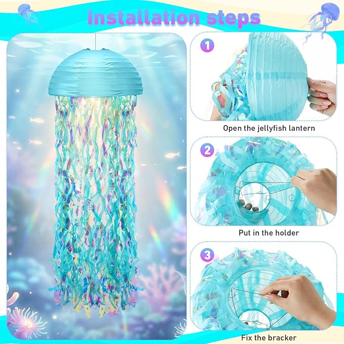 Baquler Set of 12 Jellyfish Paper Lanterns 10 Inch Semicircle Lanterns Hanging Decoration for Mermaid Sea Ocean Birthday Party Decorations (Pink, Light Blue, Light Purple, Royal Blue)
