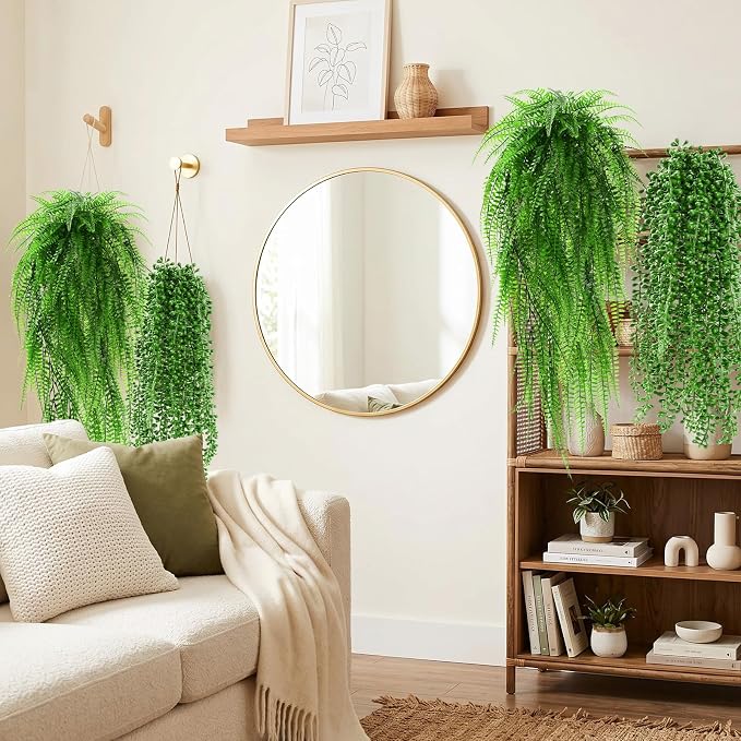 Daifunli 12 Pcs Artificial Hanging Plants Fake Hanging Ferns Plastic Fake Plant for Wall Room Garden Garland Indoor Outdoor Decor No Basket (Boston Ferns,String of Pearls)