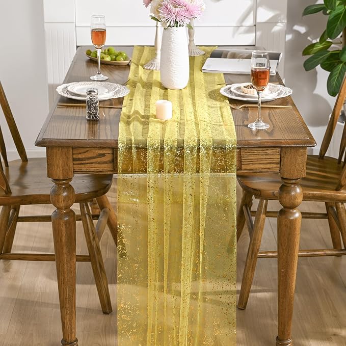 Artoid Mode 10PCS Light Yellow Gold Gauze Table Runner 120 Inch 10FT, Glitter Metallic Foil Sheer Dining Wedding Anniversary Holiday Birthday Table Decor for Home Party