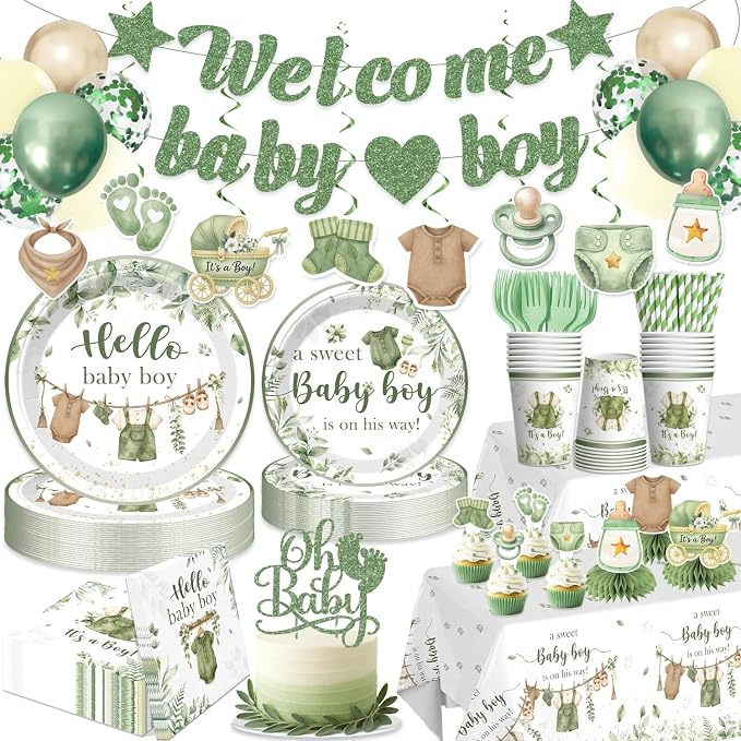 Xynic 201PCS Greenery Baby Shower Decorations Boy Tableware Set, 25 Serves Disposable Thick Plates and Napkins Set, with Pre-strung Banner, Tablecloth, for Baby Shower Boy Decorations