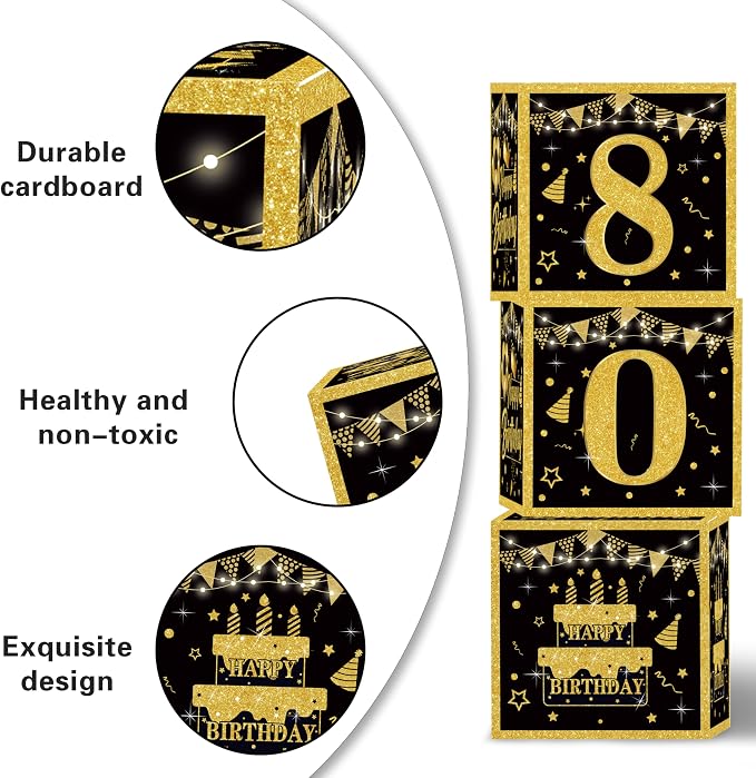 Gold 80th birthday decorations for men,3pcs birthday Decorations for Men boys black and gold Balloon Boxes Birthday Party Favors