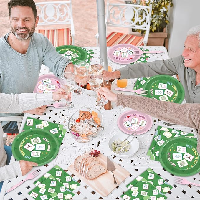 96pcs Mahjong Party Decorations Mahjong-Themed Paper Tableware Set Pink And Green Plates Napkins Forks Dinnerware for Home Special Events Game Night Party Supplies Birthday Serves 24 Guests