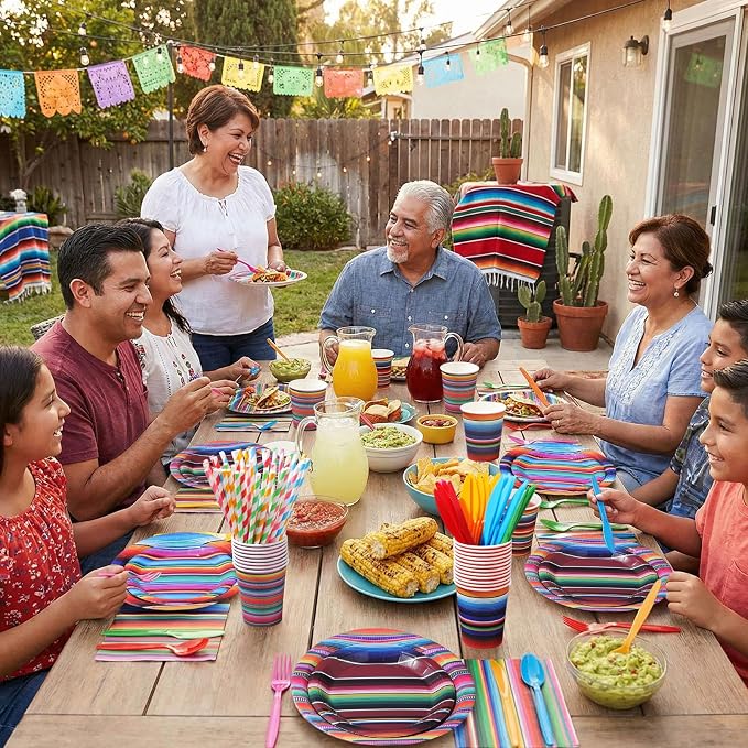 450 Pcs Mexican Serape Party Tableware Set Fiesta Decorations Taco Bar Paper Plates Colorful Stripes Napkins Cups Cutlery Straws for Taco Tex Mex Birthday Party Supplies, Serves 50
