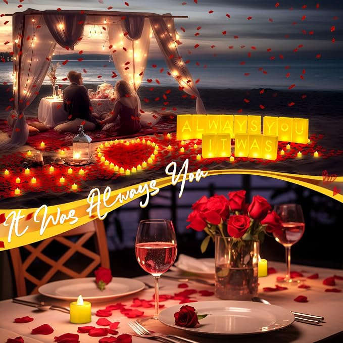 Aurelema 6086 Pcs It was Always You Light up Letters with LED Flameless Tealight Candle Red Rose Petal Letter Luminary Paper Bag for Valentine's Day Decoration Proposal Romantic Special Night Decor