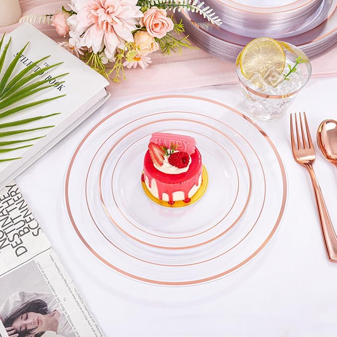 bUCLA 300PCS Rose Gold Plastic Dinnerware - Clear Dinnerware Set Disposable Include 50 Dinner Plates,50 Dessert Plates,50 Knives,50 Forks,50 Spoons,50 Cups for Party, Wedding & Mother's Day