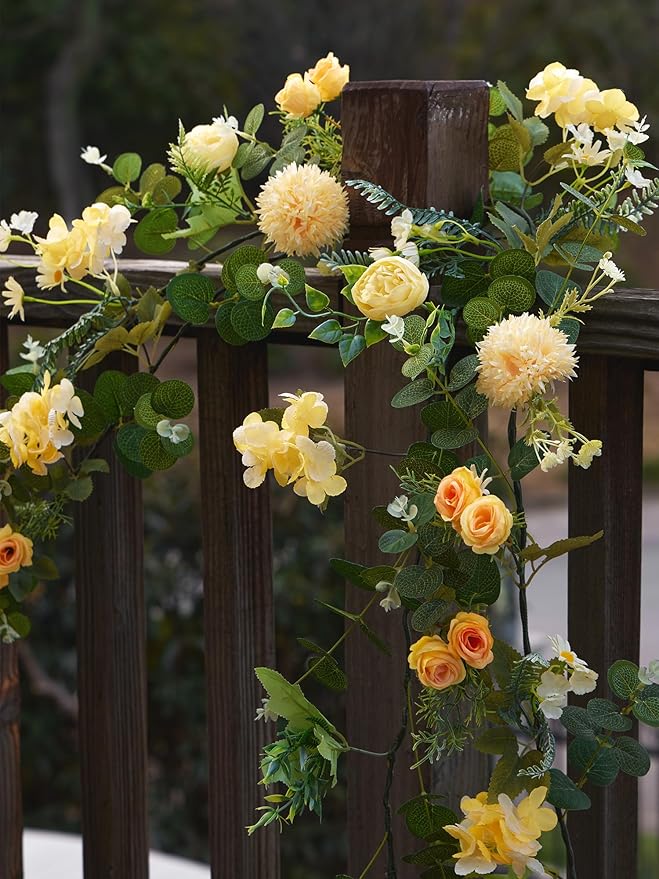 MISSPIN 5.9Ft Eucalyptus Garland with Flowers, Artificial Fake Flower Greenery Spring Garland for Baby Shower Wedding Mantle Table Centerpiece Spring Decor