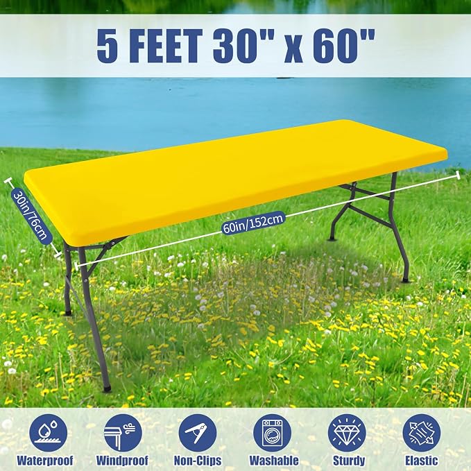 Moosfor Spandex 5 Foot Rectangle Table Cloth 6 Pack, Elastic Fitted Tablecloths for Picnic, Stretch Washable Patio Table Cover for Outdoor, Camping, Banquet and Parties (Yellow, 30"x60")