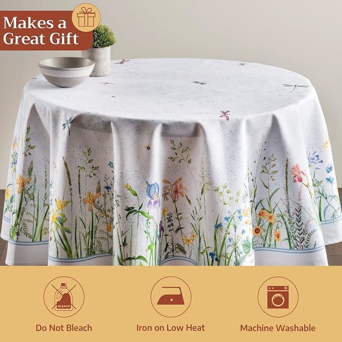 Maison d' Hermine Table Cloth Round Table 100% Cotton 63 Round Inches Tablecloth Reusable Decorative for Dining Kitchen Room Farmhouse Party Home Hotel Restaurant Spring Summer - Fleurs De Mai