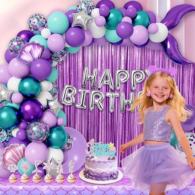Mermaid Birthday Party Decorations Supplies Includes Banner, Backdrop, Foil & Latex Balloons, Tablecloth, Foil Fringe Curtain, Cake & Cupcake Toppers for Girls Women Under The Sea Theme Party