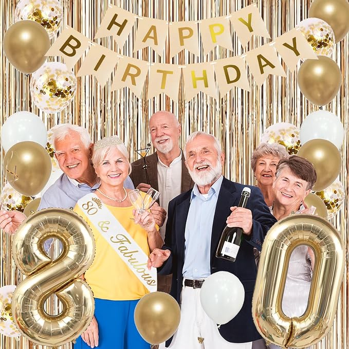 Trgowaul 80th Birthday Decorations for Women, Banner, Sash and Crown, Cake Topper, 80 Number Balloon, Fringe Curtains, Champagne Gold 80th Birthday Party Supplies