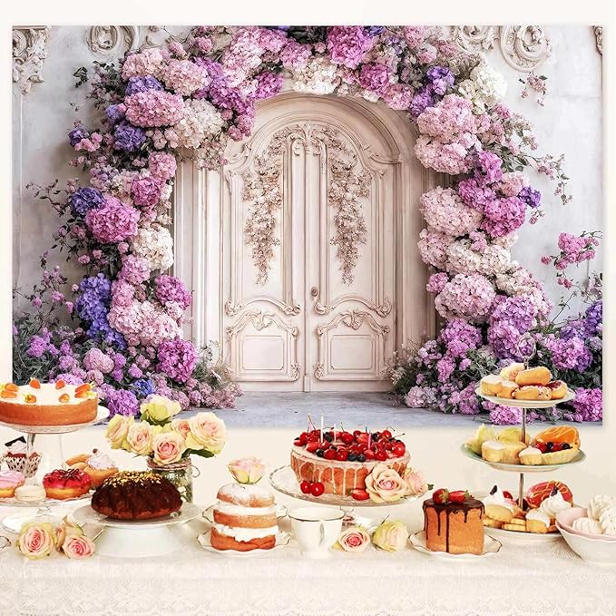 7X5ft Flower Backdrop Purple Floral Arch Retro Door Photography Backdrops Modern Interior European Style Wall Decoration Wedding Portrait Background Studio Photo Booth Props