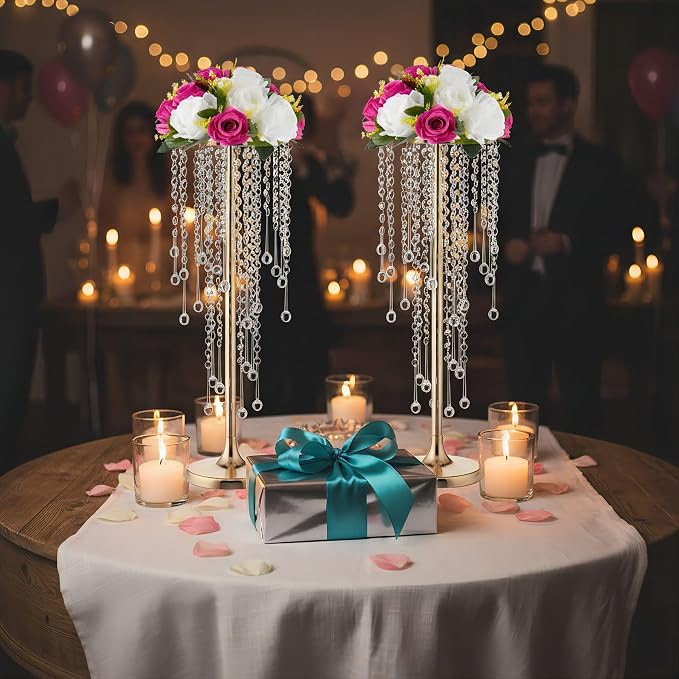 Bigsee 2 Pcs 21.65 inches Crystal Flower Stand Wedding Centerpieces for Tables, Tabletop Gold Metal Flower Arrangement Holder, Elegant Bulk Metal Vases for Reception Party Ceremony Decoration