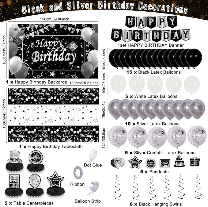 Black and Silver Birthday Decorations, BIack Birthday Decoretions for Men Women Boys Girls with Black Happy Birthday Banner Tablecloth Backdrop Balloons Arch Garland Kit Decorations Party Supplies