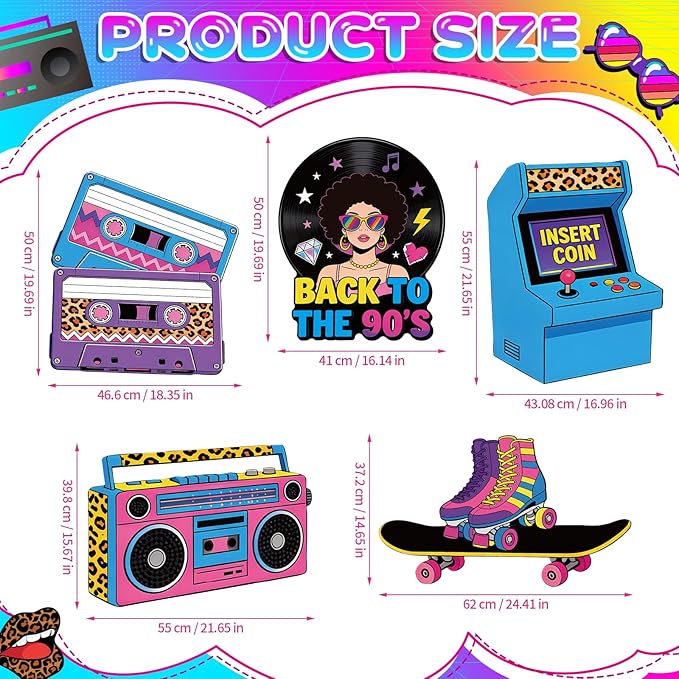 5Pcs 90s Party Decorations, Large Retro Theme Cardboard Cutouts Arcade Game Machine Boombox Vintage 90s Yard Sign for Neon Hip Hop Music Birthday Indoor Outdoor Photo Props Booth Backdrop