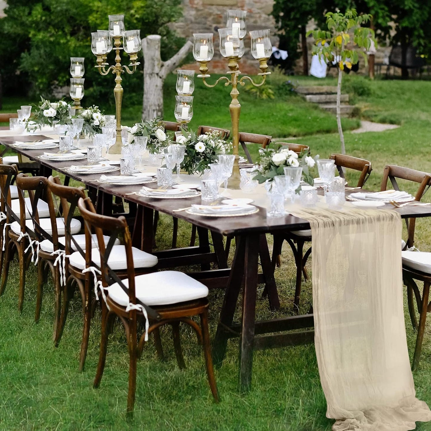 Gauze Table Runner Bulk Cheesecloth Table Runner Set of 2 Pieces 141 inches Long Each for Bohemian Wedding Wedding Decorations, Beige Cheese Cloth Gauze Fabric