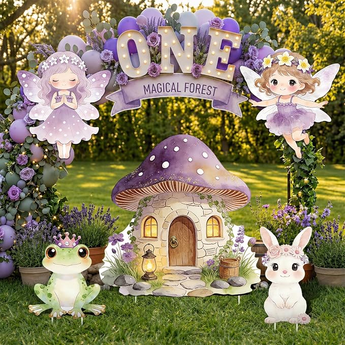 5PCS Purple Fairy First Birthday Decorations, Magical Woodland Cardboard Cutouts Corrugated Plastic Yard Signs Enchanted Garden Themed Party Supplies Princess Baby Shower Photo Props