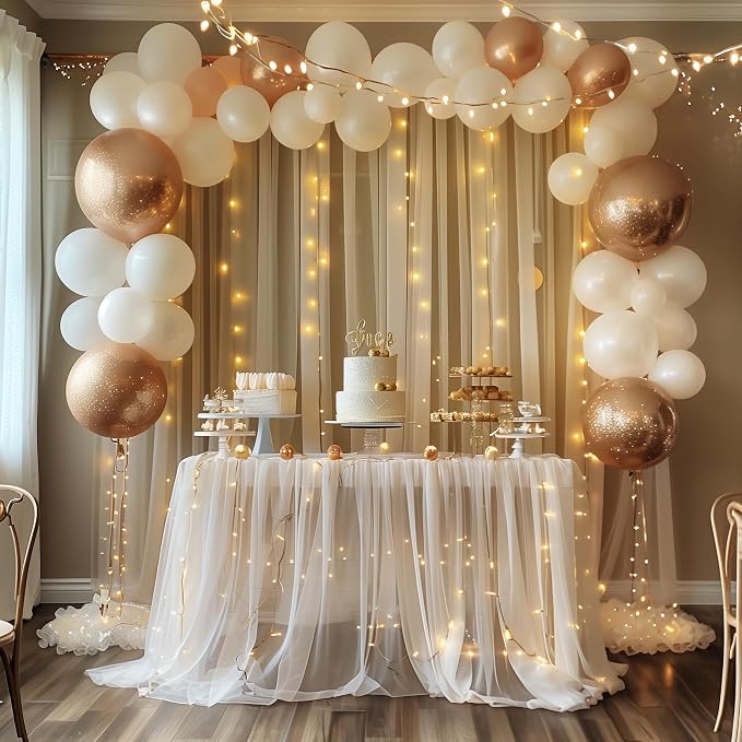Fomcet Tulle Backdrop Curtains with Lights String 10FT X 8FT Champagne Sheer Curtain with Lights Tulle Curtains Backdrop for Wedding Birthday Party Photo Shoot (2 Panels 5x8FT)