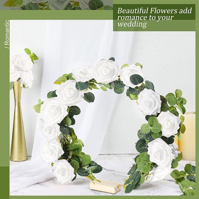 15 Pcs Metal Floral Centerpiece Table Decorations Hoop Centerpiece with Stand Gold Centerpieces for Table 15 Wooden Holders 30 Artificial Flowers 30 Leaves for Wedding DIY Craft Decor(12 Inch,White)